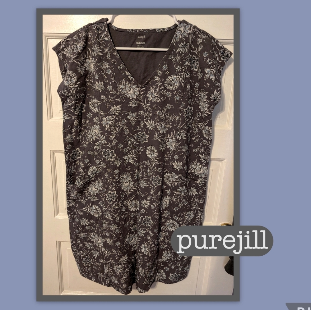 J.Jill Purejill Gray Floral Cotton Pocket shirt dress